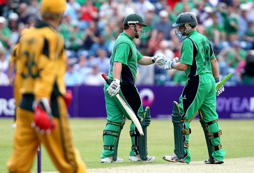 One Day International 17/6/2010 Ireland vs Australia Ireland's Paul Stirling celebrates with William Porterfield Mandatory Credit ©INPHO/James Crombie